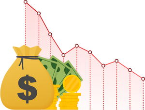 Money loss. Cash with down arrow stocks graph